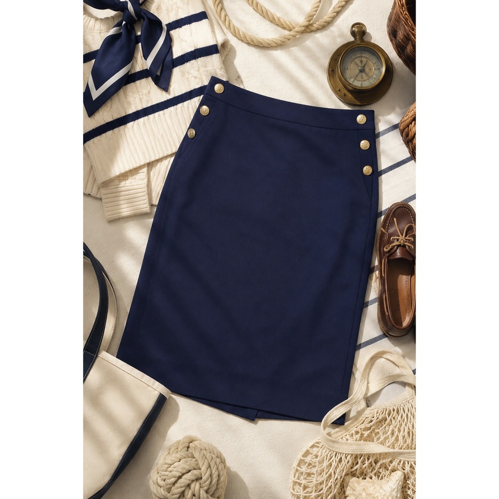 Vtg Y2K Pencil Skirt Womens 10 Navy Nautical Gold Crest Button Yacht Club Preppy